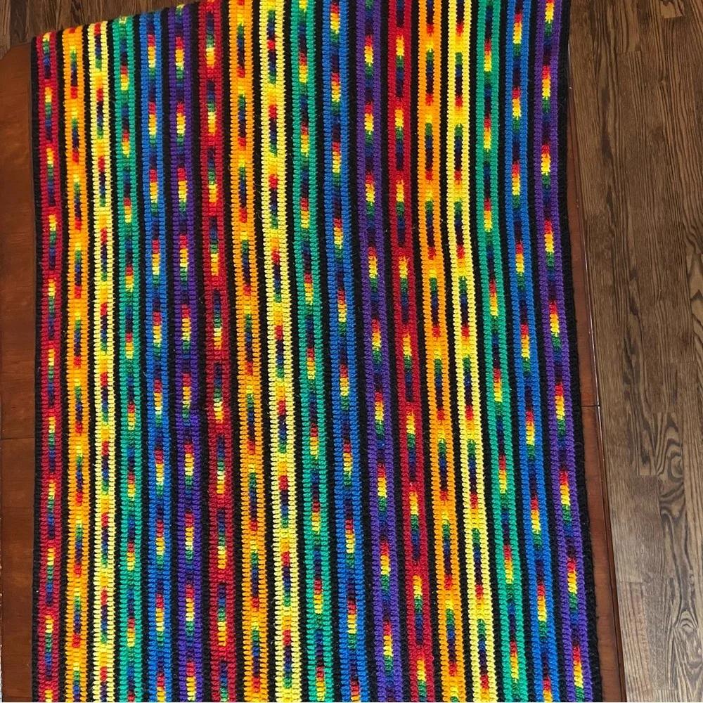 Handmade Crochet Afghan Throw Blanket Rainbow Striped Fringe Boho Retro